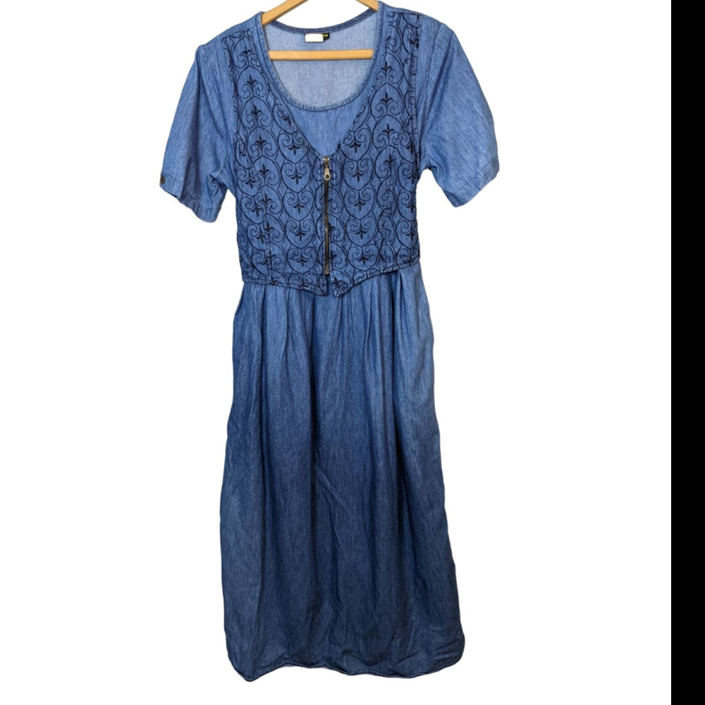 Vintage Denim Prairie Midi Dress Plus Size 14 Chore Farm Boho Lagenlook Western